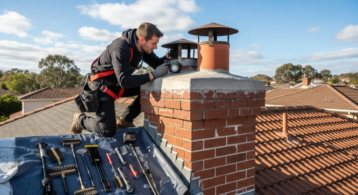 Professional chimney sweep technician inspecting a residential chimney for chimney sweep marketing