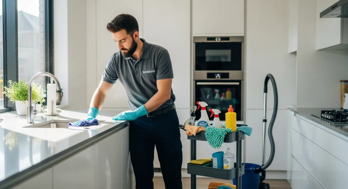 Professional cleaning service worker cleaning a modern home for cleaning company marketing