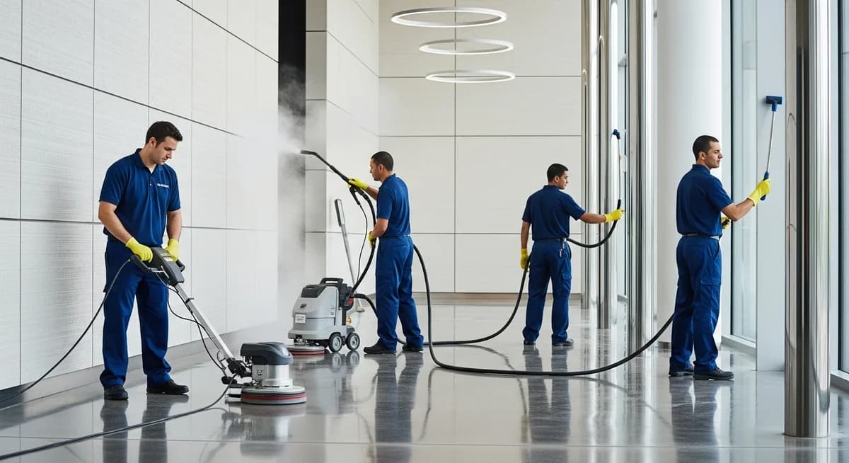 Professional commercial cleaning crew in branded uniforms using industrial floor buffers and equipment in a modern corporate office building lobby