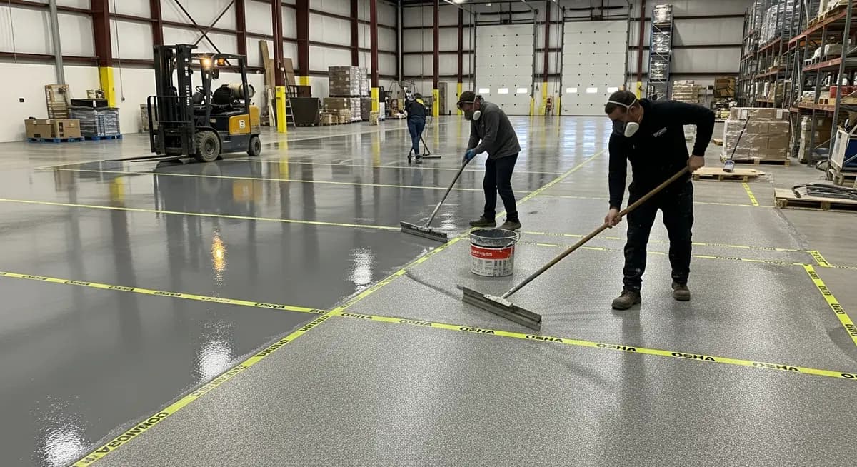 Professional commercial epoxy floor contractor applying two-component polyurea topcoat to a large warehouse floor in Chicago Illinois industrial district showing contractor using squeegee and roller to spread broadcast quartz aggregate epoxy coating over a warehouse concrete floor with forklift operating in background showing high-gloss gray epoxy floor surface with OSHA floor marking visible