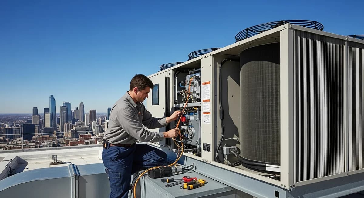 Professional commercial HVAC technician servicing a large rooftop air conditioning unit on a commercial building