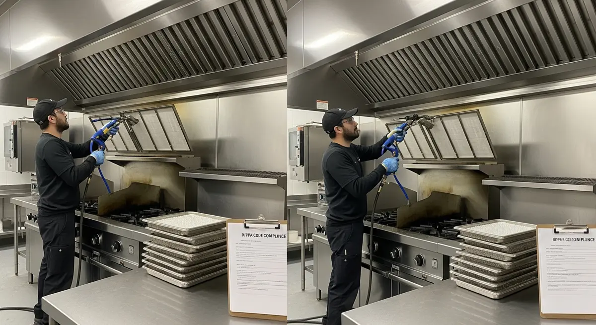 Professional commercial kitchen exhaust hood cleaning contractor on ladder cleaning grease from restaurant exhaust hood system with cleaning equipment visible in Chicago commercial kitchen showing NFPA 96 compliant exhaust hood cleaning service