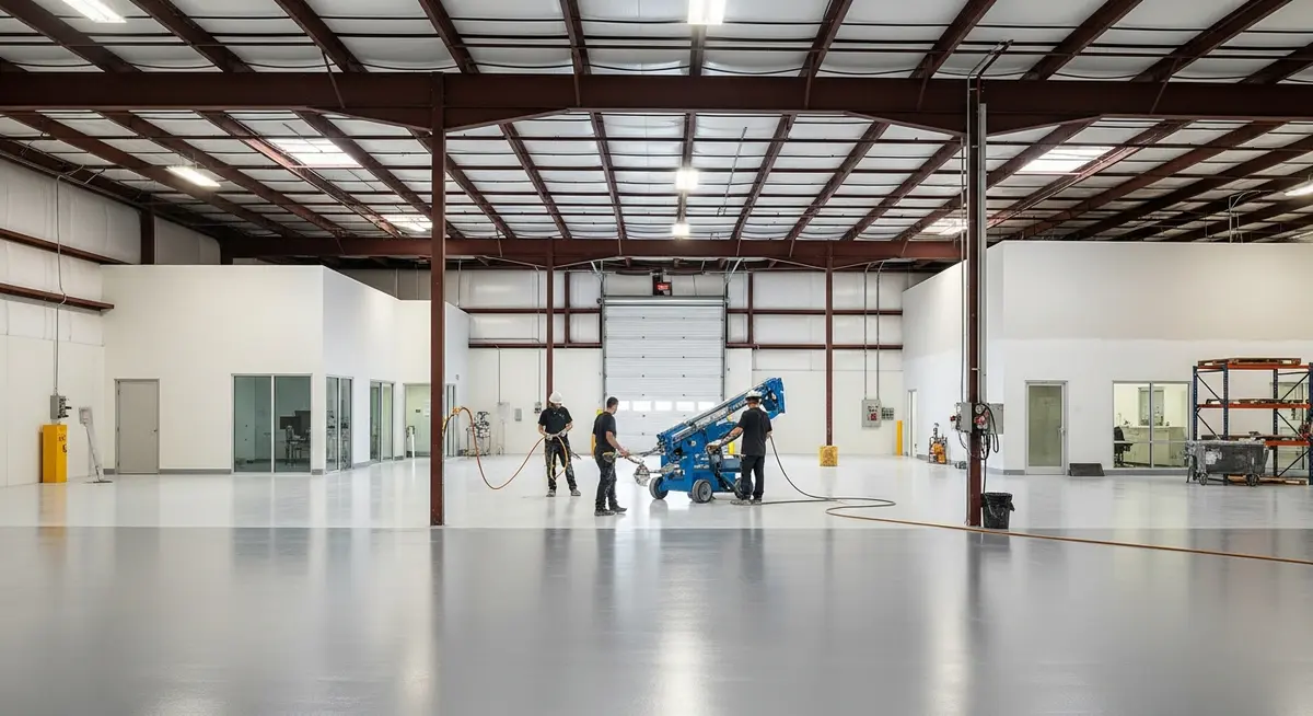 Professional commercial painting contractor applying industrial epoxy floor coating in a large warehouse facility with commercial spray equipment and painters in PPE safety gear