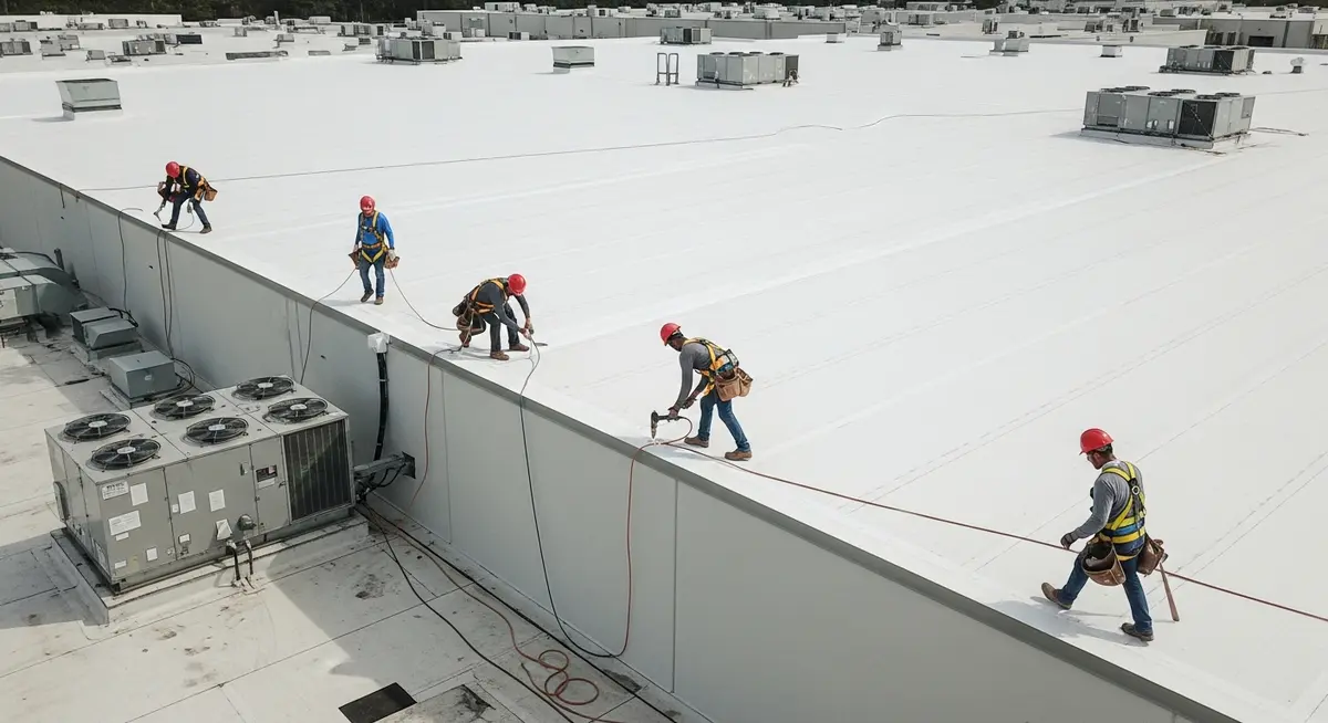 Commercial roofing contractor team installing white TPO membrane on large flat commercial building roof with heat welding gun sealing membrane seams and HVAC curb flashings on industrial building rooftop