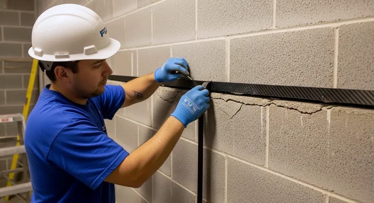 Professional concrete block foundation crack repair contractor injecting low-viscosity epoxy into diagonal crack in concrete masonry unit CMU foundation wall at Baltimore Maryland Baltimore County suburban residential property showing contractor with epoxy injection equipment at Towson Maryland residential CMU foundation with Baltimore Maryland neighborhood background and Baltimore County suburban landscape