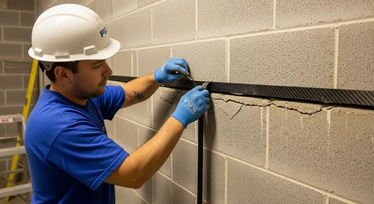Professional foundation contractor installing carbon fiber strap reinforcement on a concrete block CMU foundation wall in a Cleveland Ohio basement showing horizontal crack repair on 1950s block foundation wall with epoxy injection ports