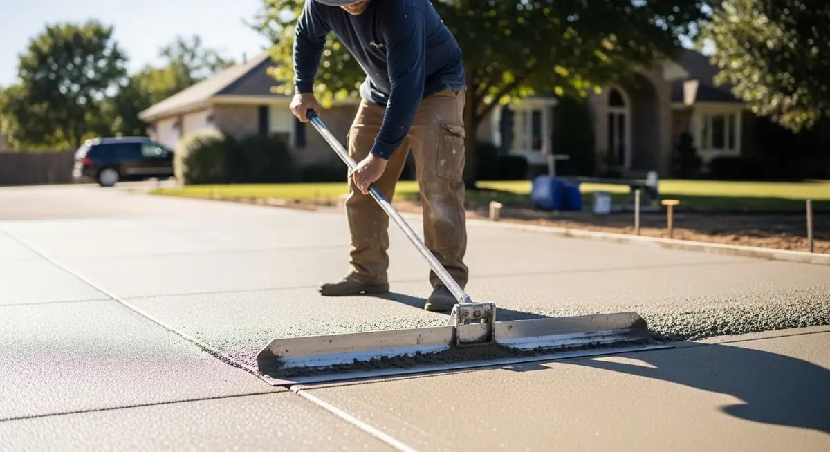 Professional concrete contractor finishing a residential driveway for concrete contractor marketing