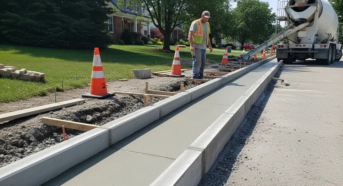 Professional concrete curb and gutter contractor installing new residential concrete curb section in Hamilton County Ohio suburban HOA neighborhood street showing freshly poured gray concrete curb with broom finish gutter channel crew member in safety vest and orange safety cones Cincinnati Ohio