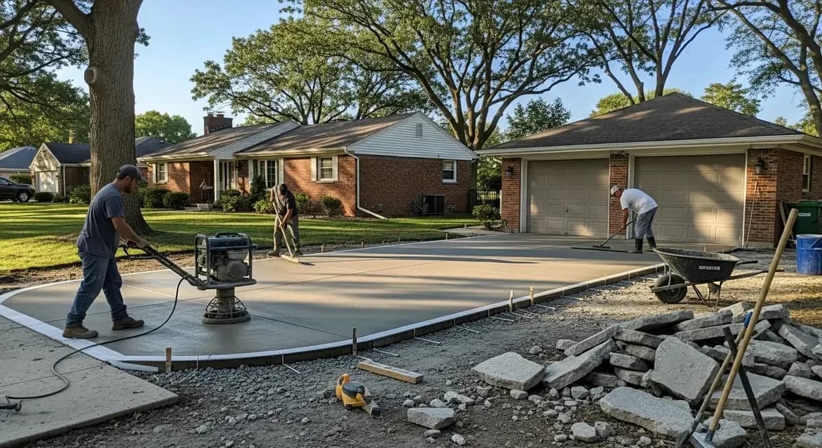 Professional concrete driveway approach slab settlement repair contractor injecting polyurethane foam beneath settled concrete driveway approach slab at curb-to-driveway transition joint at Kansas City Missouri Jackson County residential property showing contractor with foam injection equipment lifting settled approach slab back to curb grade with Kansas City Missouri suburban residential neighborhood background