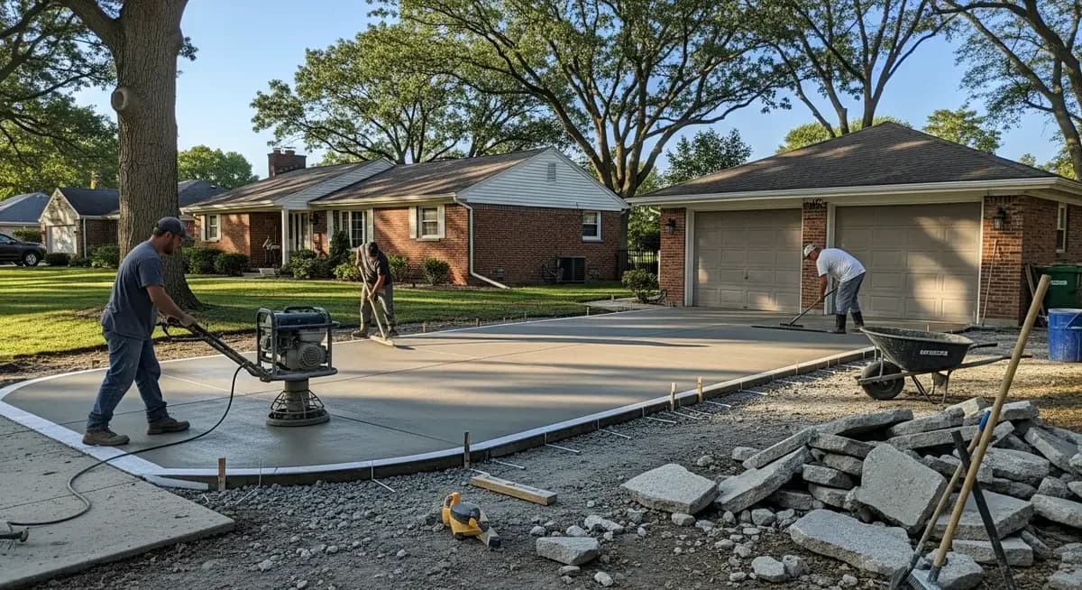 Professional concrete driveway apron settlement repair contractor injecting polyurethane foam under settled concrete driveway apron panel at curb-cut street grade transition in Chicago Illinois Cook County suburban residential neighborhood showing contractor with foam injection equipment lifting settled apron panel beside Oak Park residential property with Chicago neighborhood background