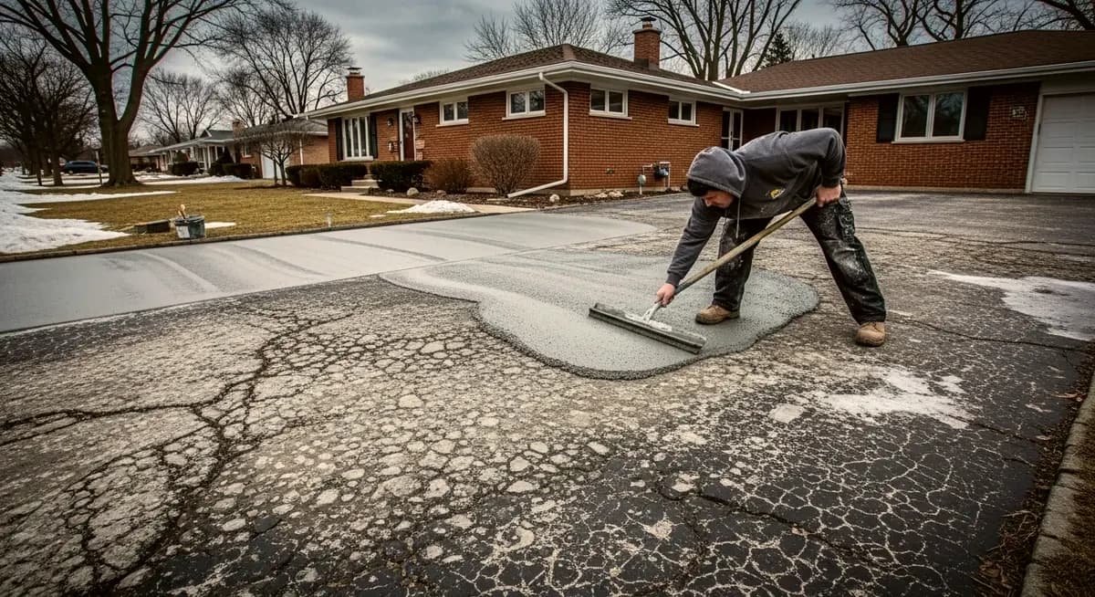 Professional concrete driveway broom finish resurfacing contractor applying polymer-modified concrete overlay to restore broom finish texture on a spalled and cracked residential concrete driveway in Atlanta Georgia Fulton County Buckhead Sandy Springs showing contractor using squeegee to spread gray overlay compound over broom-finish surface with visible clay expansion cracking and surface delamination pattern