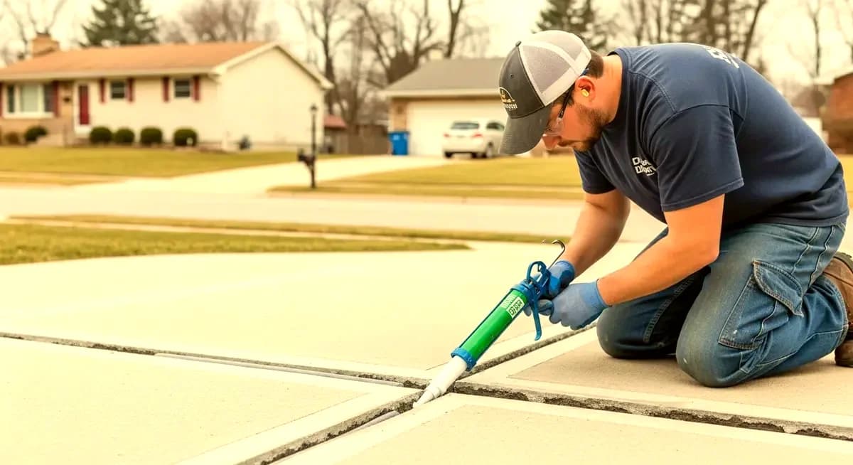Professional concrete driveway control joint sawcutting contractor operating diamond blade wet saw cutting relief joints at 10-foot spacing into a residential concrete driveway in Houston Texas Harris County Sugar Land Pearland suburban neighborhood photography