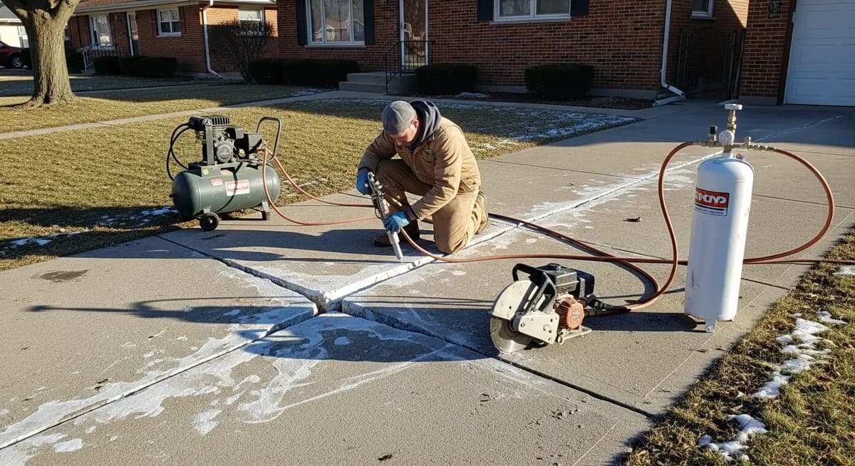 Professional concrete contractor injecting polyurethane foam into structural crack in suburban residential concrete driveway in Detroit Michigan Wayne County showing crack injection equipment and frost heave damage with salt scaling at street apron exterior photograph