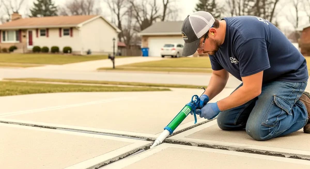 Professional concrete contractor applying self-leveling polyurethane joint sealant over backer rod into concrete driveway expansion joint cavity on residential driveway in Denver Colorado Adams County suburban neighborhood with Rocky Mountain Front Range backdrop photography