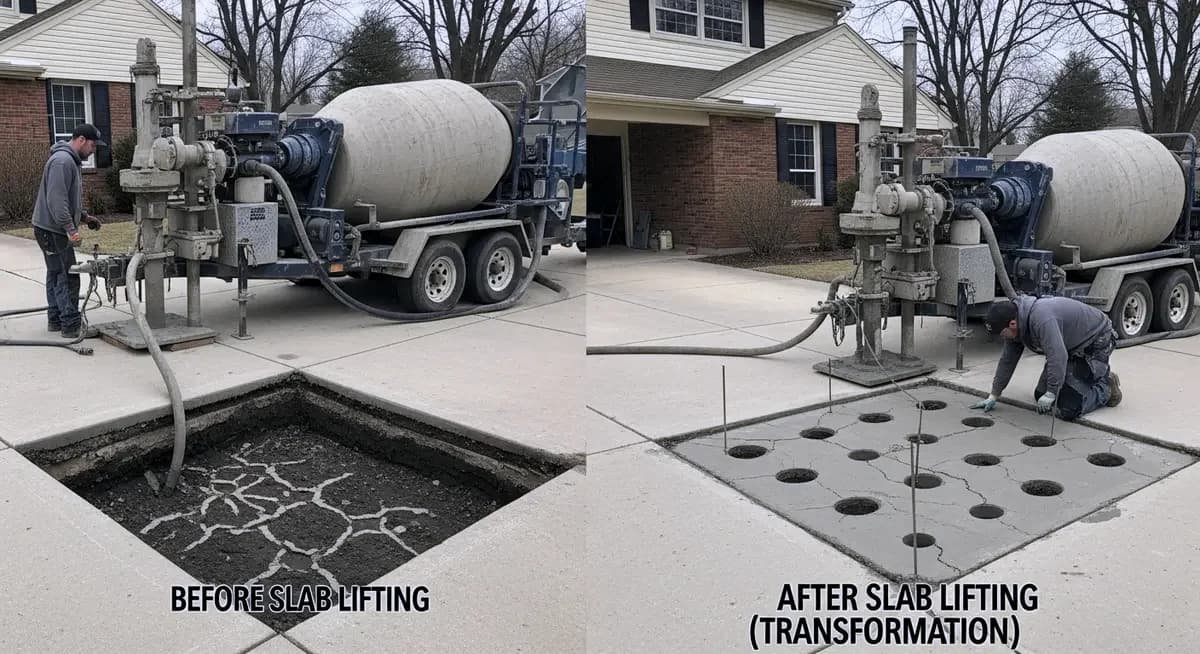 Professional concrete driveway heave repair contractor operating mudjacking pump injecting cement slurry beneath frost-heaved residential concrete driveway panel in Minneapolis Minnesota Hennepin County Eden Prairie neighborhood showing contractor lifting differential-settled driveway panel back to original grade at property line joint where Minneapolis spring thaw frost heave had deposited adjacent panels at different elevations after the 42-to-52-inch frost depth ice lens released during April thaw cold gray overcast Minnesota morning