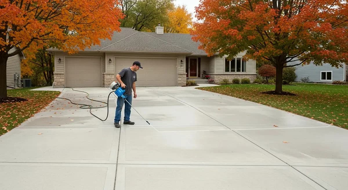 Professional concrete driveway reseal contractor applying solvent-based acrylic resealer over UV-oxidized chalking topical sealer on residential concrete driveway in Denver Colorado Highlands Ranch showing contractor with roller applicator spreading fresh sealer coat over prepared concrete surface with Denver Colorado residential neighborhood background and Rocky Mountain Front Range landscape