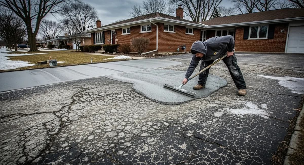 Professional concrete driveway resurfacing contractor in Buffalo New York applying polymer-modified concrete overlay to a severely spalled and salt-damaged residential driveway in Erie County showing contractor using squeegee to spread gray concrete resurfacing compound over spalled concrete with visible aggregate exposure and freeze-thaw damage pitting in original driveway