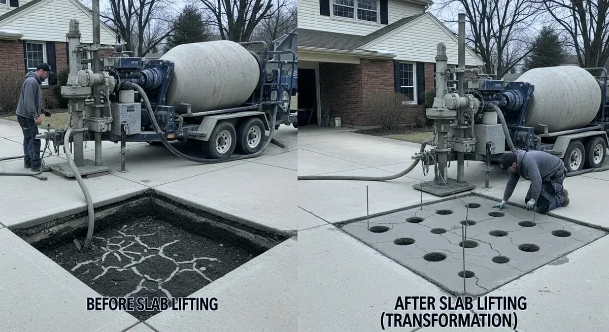 Professional concrete driveway tree root heave repair contractor cutting large-canopy tree surface root and grinding raised concrete driveway panel at Portland Oregon Multnomah County Gresham residential driveway showing contractor with concrete grinder at lifted concrete panel edge next to mature Douglas fir street tree with overcast Pacific Northwest sky and wet concrete surface and Portland Oregon neighborhood homes in background