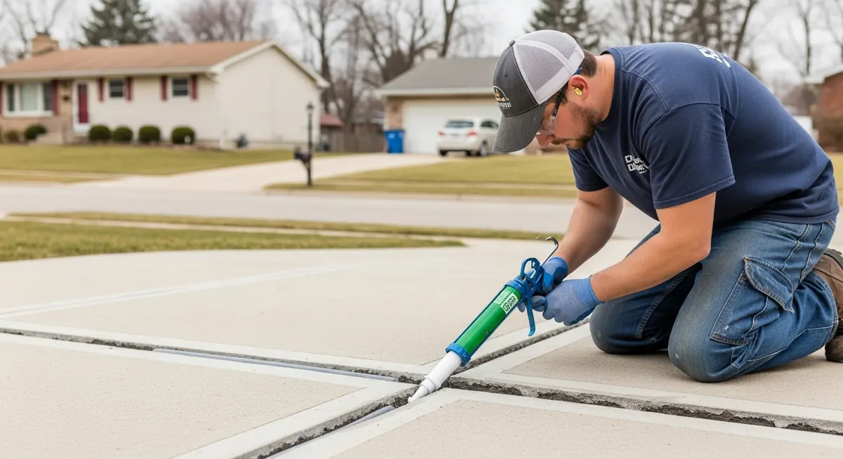 Professional concrete contractor kneeling on residential driveway in Cincinnati Ohio applying polyurethane joint sealant into concrete expansion joint with caulking gun showing backer rod installation and spalling edge repair in Hamilton County Ohio suburban neighborhood Anderson Township ranch home exterior