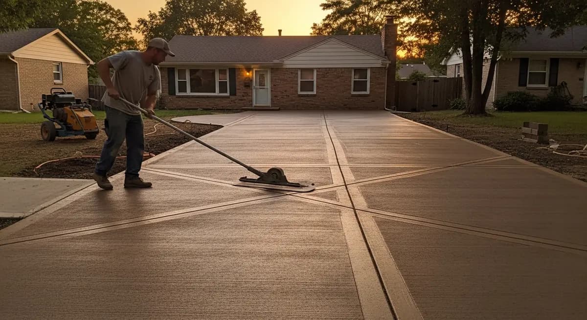 Professional concrete flatwork contractor finishing a residential concrete driveway with a bull float showing broom finish texture control joints and compacted gravel sub-base preparation for Kansas City Missouri homeowner