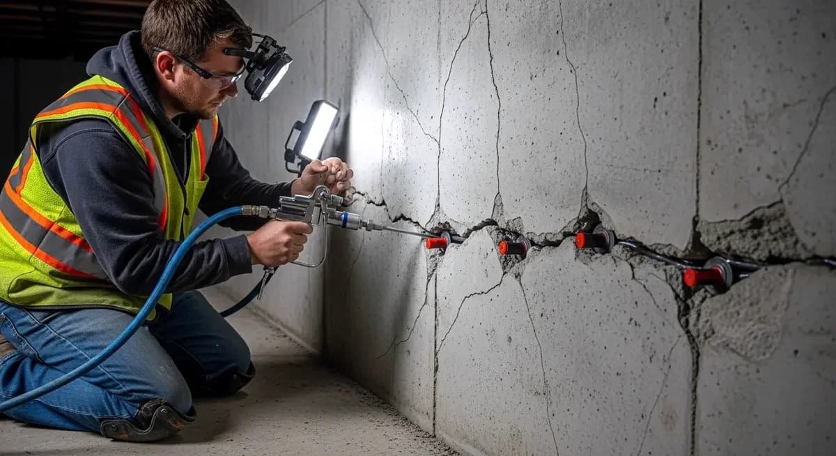 Professional concrete garage floor crack repair contractor applying polyurea sealant to routed freeze-thaw crack in residential concrete garage floor slab in Cincinnati Ohio Norwood showing contractor with crack routing tool and polyurea sealant applicator working on hairline crack widened by Cincinnati freeze-thaw cycling with Cincinnati Ohio residential neighborhood background and Hamilton County suburban landscape