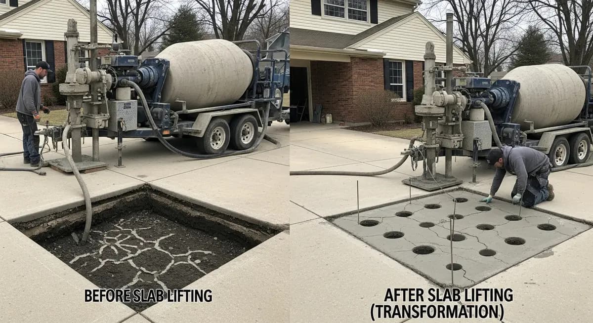 Professional concrete leveling contractor using mudjacking equipment to inject cement slurry beneath a sunken residential driveway slab in Indianapolis Indiana showing hydraulic pump equipment and raised concrete panel restored to grade