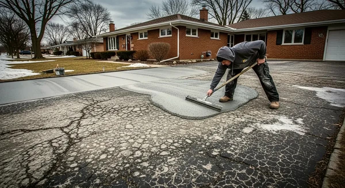 Professional concrete patio resurfacing contractor in Dallas Texas applying polymer-modified concrete overlay to spalled and delaminated residential backyard concrete patio surface showing contractor using squeegee to spread gray resurfacing compound over aggregate-exposed Blackland Prairie clay-damaged concrete patio in Dallas County suburban backyard with Texas suburban neighborhood in background warm sunny Texas morning photography