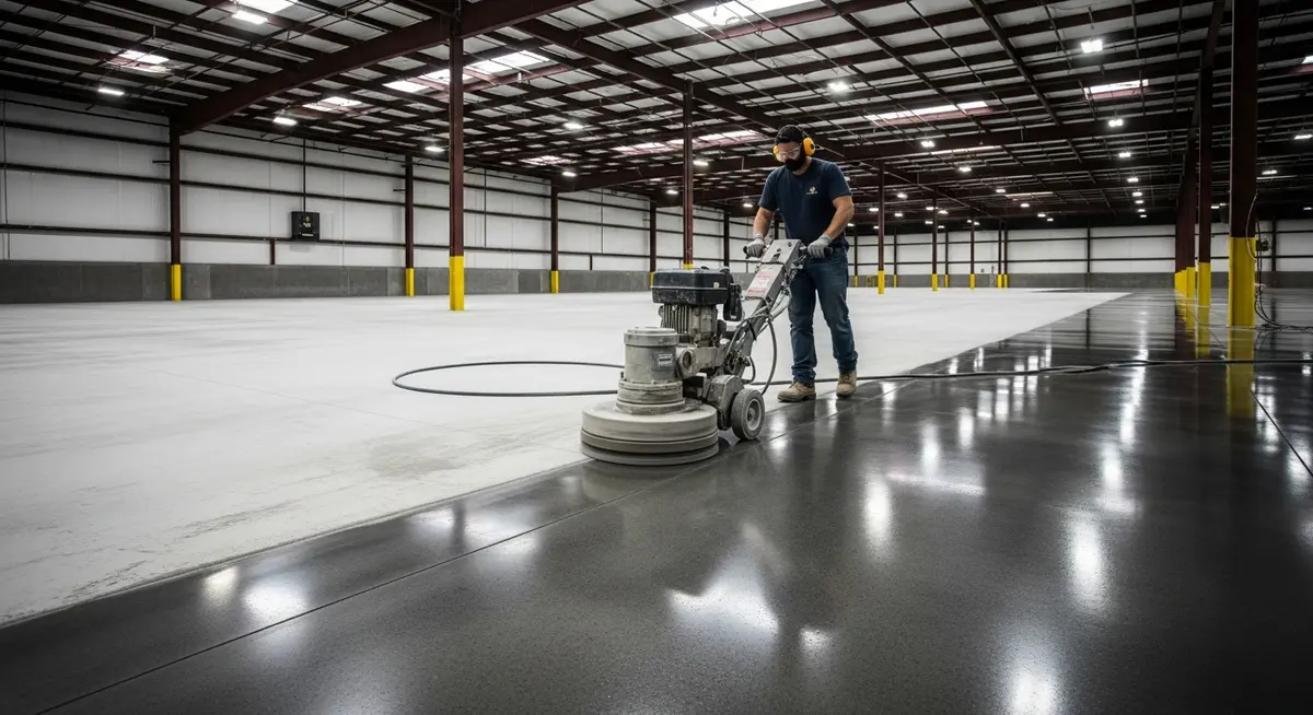 Professional concrete polishing contractor operating planetary floor grinder with diamond tooling on commercial warehouse concrete floor showing high-gloss mechanically polished concrete surface transformation in Phoenix Arizona