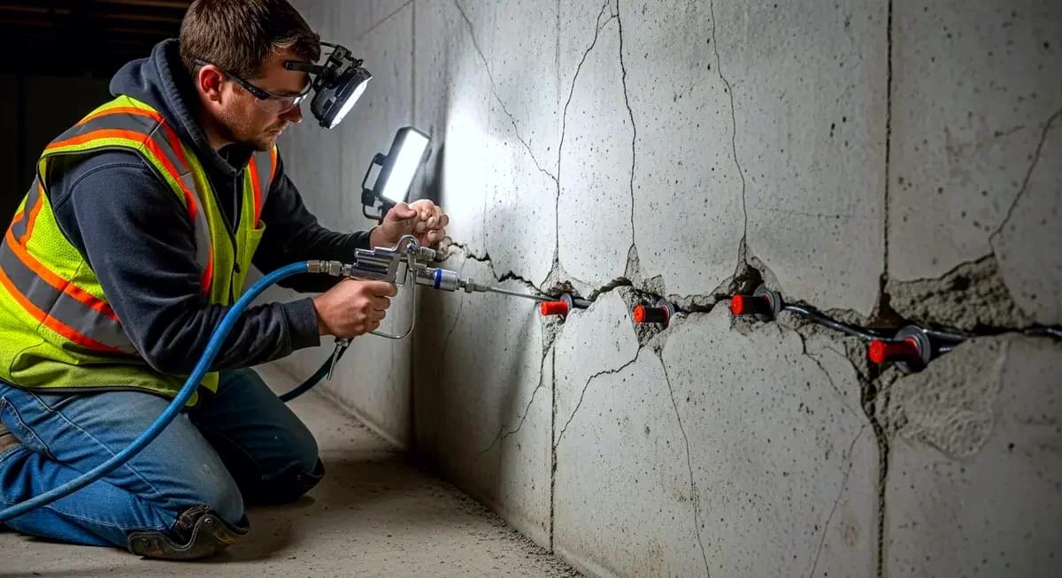Professional concrete contractor patching freeze-thaw spalling at the base of a concrete porch column on a residential home in Chicago Illinois Cook County Bucktown Lincoln Park neighborhood photography