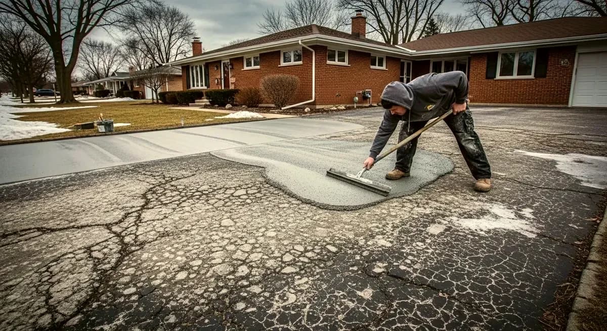 Professional concrete porch landing resurfacing contractor applying polymer overlay micro-topping material to spalled map-cracked concrete front porch landing in Richmond Virginia Henrico County residential property showing contractor spreading resurfacing compound over exposed coarse aggregate freeze-thaw cycle spalling pattern restoring the flat porch landing surface without full slab replacement Richmond Mid-Atlantic warm morning photography