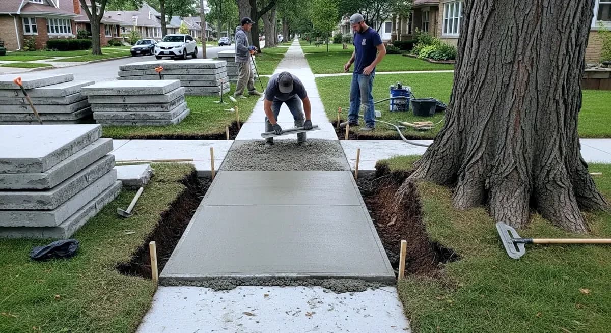 Professional concrete sidewalk panel lifting contractor operating mudjacking pump equipment to inject Portland cement slurry beneath settled concrete sidewalk panel at a residential property in St. Paul Minnesota Ramsey County Highland Park neighborhood showing contractor drilling 2-inch holes in settled sidewalk panel and hydraulically lifting the settled concrete panel to grade to eliminate the trip-hazard lip at the transverse panel joint