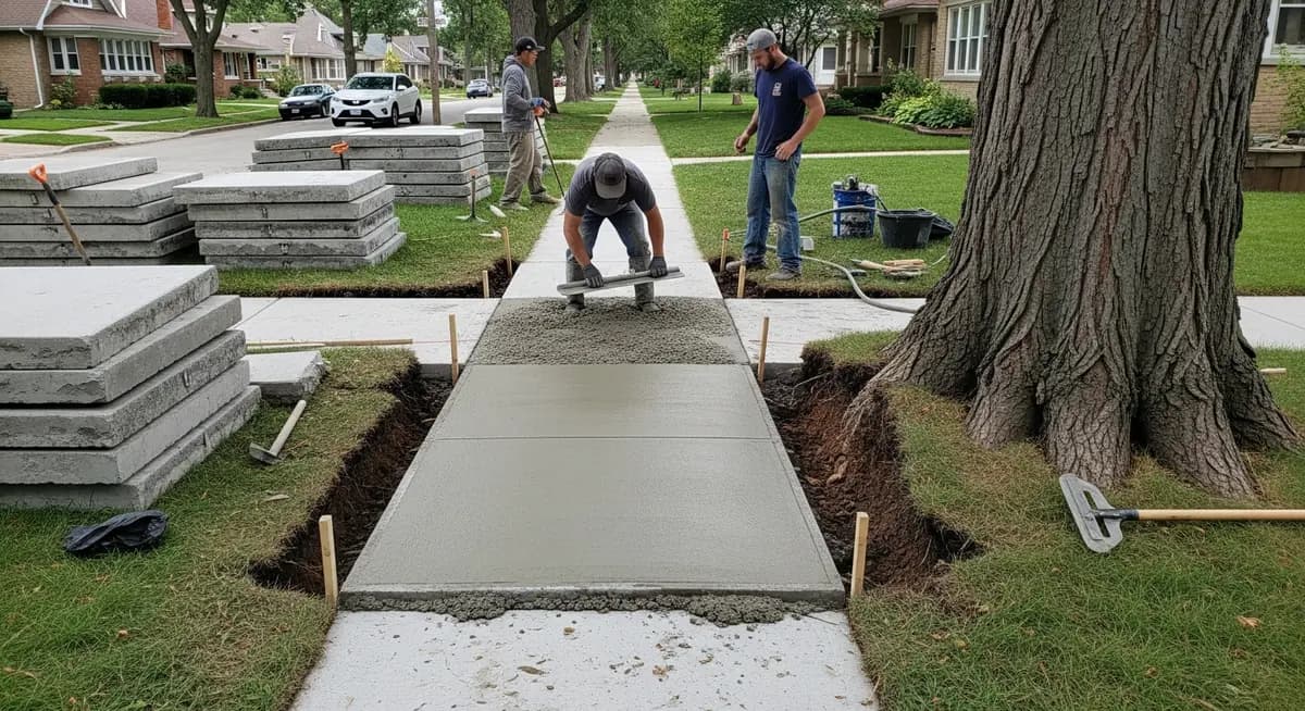 Professional concrete contractor removing and replacing a heaved concrete sidewalk panel beside a large oak tree in a Chicago Illinois bungalow neighborhood showing Cook County residential street with cracked tree-root-lifted concrete slabs removed and fresh poured replacement panel with float finish on urban residential sidewalk exterior