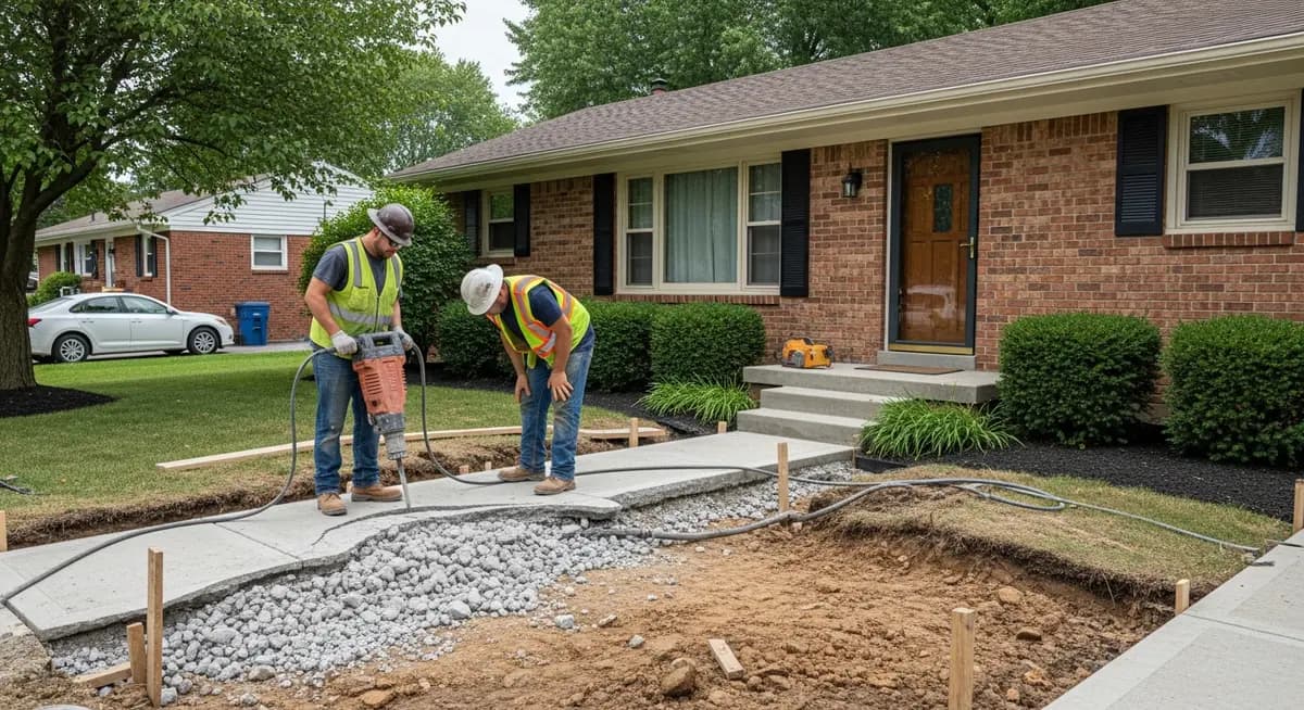 Professional concrete walkway replacement contractor removing cracked trip hazard front walkway panels from 1960s Louisville Kentucky residential home showing jackhammer demolition work excavated sub-base and aggregate base material for new concrete front walk installation in Jefferson County neighborhood