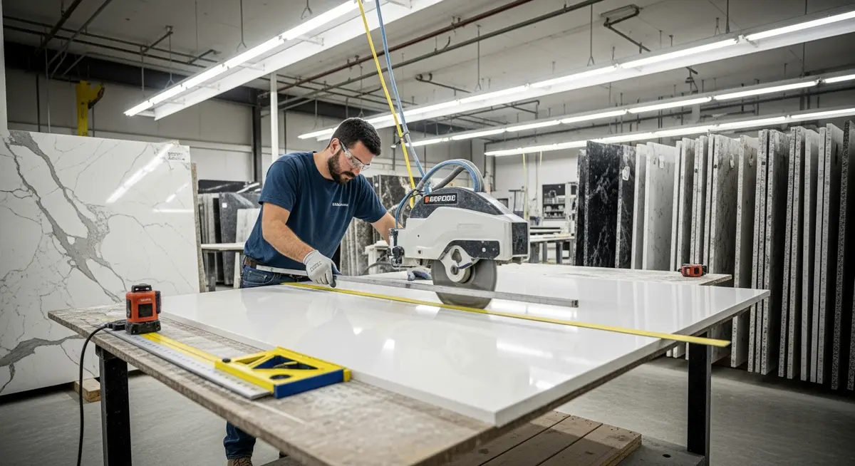 Professional countertop fabrication contractor measuring and cutting quartz slab on worktable in granite fabrication shop with precision tools and installed marble countertops visible in background