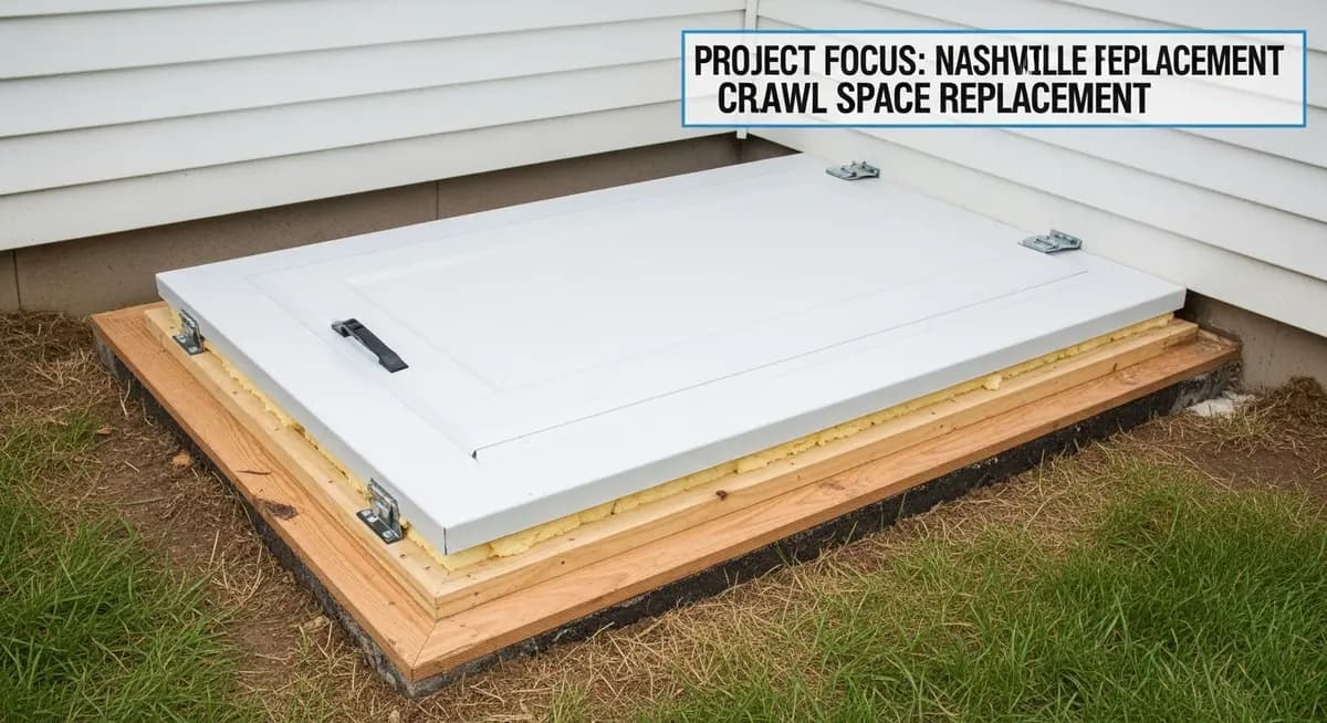 Professional crawl space door replacement contractor installing new foam-insulated crawl space access hatch on a Nashville Tennessee ranch home crawl space foundation with new pressure-treated wood frame and Williamson County suburban backyard visible