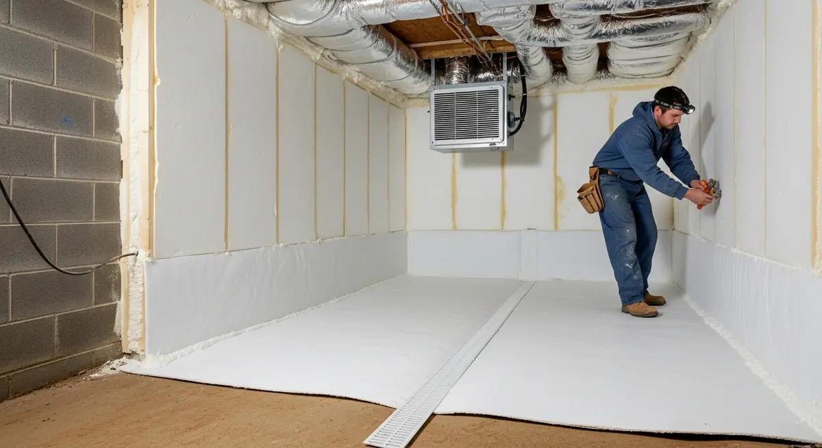 Professional crawl space encapsulation contractor installing bright white 20 mil reinforced polyethylene vapor barrier in a residential crawl space in Raleigh North Carolina with drainage matting on the dirt floor rigid foam insulation panels on the concrete block foundation walls spray foam sealant at the rim joist and a commercial Santa Fe dehumidifier mounted to a floor joist overhead