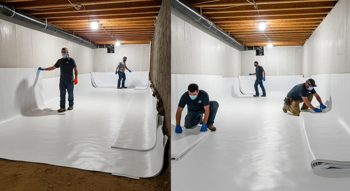 Professional crawl space encapsulation contractor installing bright white 20-mil reinforced polyethylene vapor barrier on crawl space dirt floor with commercial dehumidifier in clean encapsulated crawl space