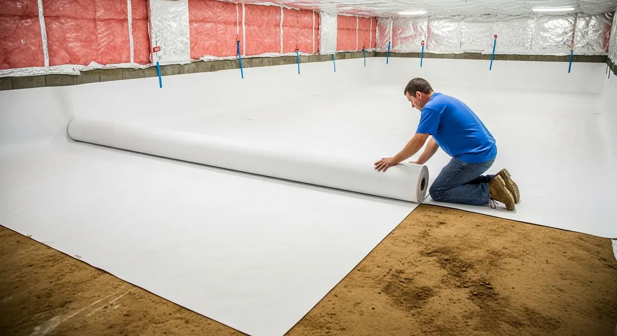 Professional crawl space vapor barrier contractor in Raleigh North Carolina installing bright white 20-mil reinforced polyethylene vapor barrier on dirt crawl space floor of Wake County residential home showing contractor in crawl space with sealed seams butyl tape perimeter attachment and clean white barrier covering entire dirt floor