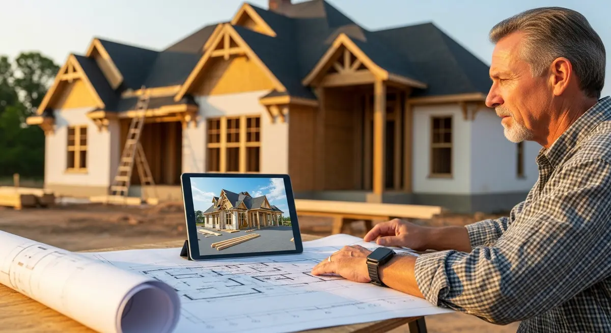 Professional custom home builder reviewing architectural blueprints at a luxury residential construction site with craftsman-style framing visible and warm afternoon light