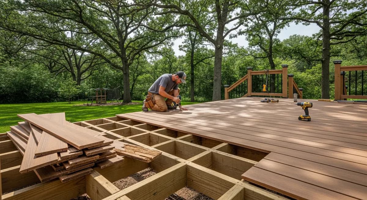 Professional deck board replacement contractor installing new composite Trex deck boards on an Indianapolis Indiana residential deck with rotted pressure-treated pine boards removed and suburban Marion County backyard visible