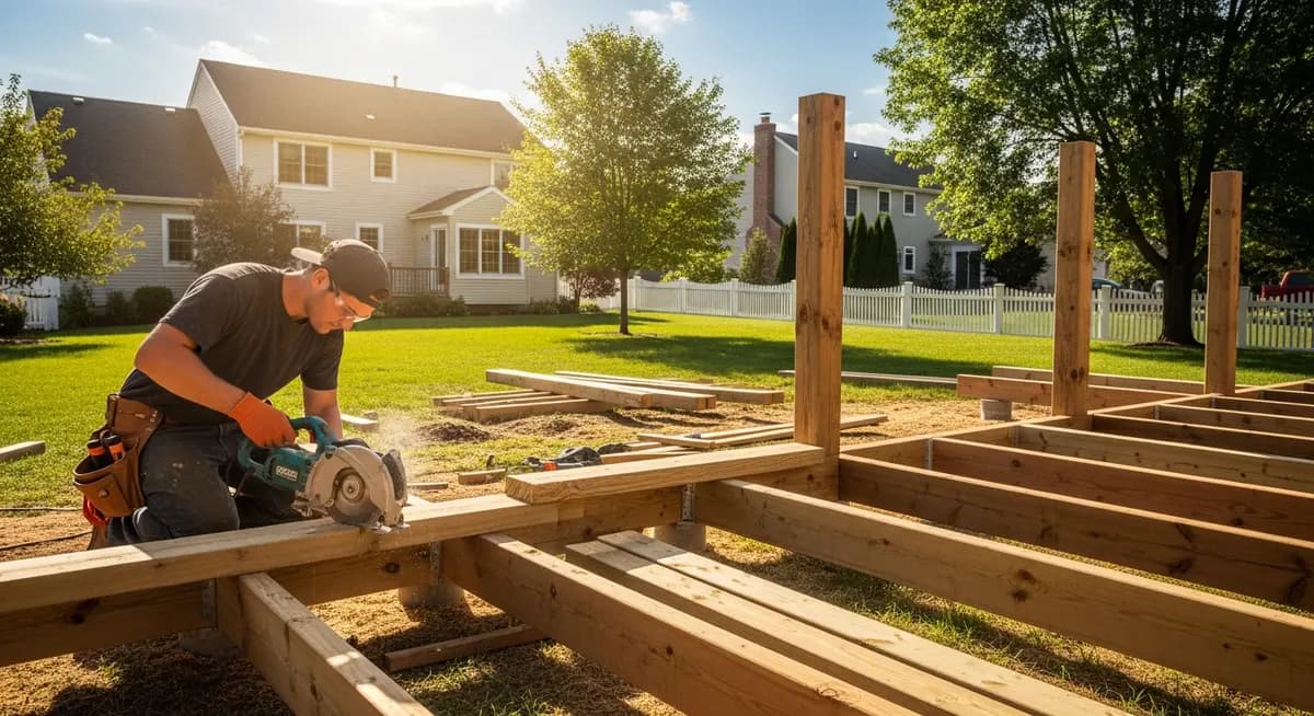 Professional deck builder constructing a custom wood and composite deck for residential marketing
