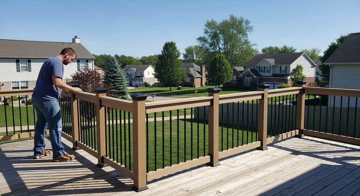 Professional deck railing replacement contractor installing new composite railing system on a suburban Cincinnati Ohio home deck with pressure-treated wood decking visible and Hamilton County residential neighborhood in background
