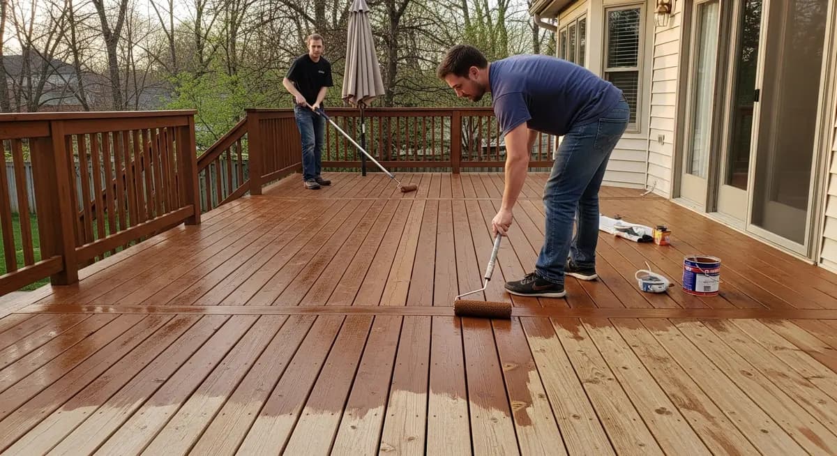 Professional deck staining contractor applying rich brown semi-transparent oil stain to restored cedar deck boards on a large suburban backyard deck with pressure washed wood showing fresh stain penetrating the grain