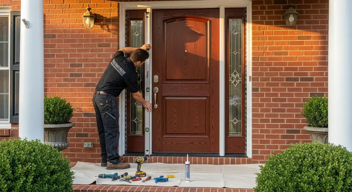 Professional door replacement contractor installing a high-end fiberglass entry door with sidelights on a classic brick home in Charlotte North Carolina