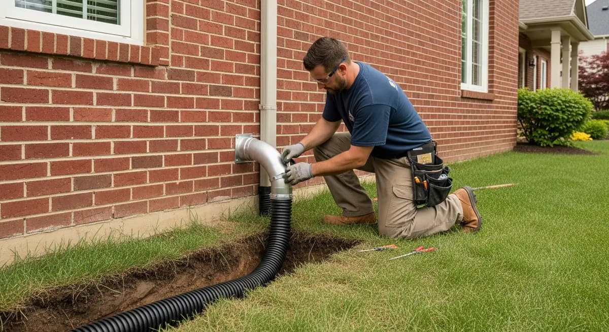 Professional downspout extension replacement contractor installing underground corrugated drainage pipe connected to aluminum downspout on Columbus Ohio home exterior showing contractor connecting buried flexible corrugated drain pipe to downspout elbow on brick foundation wall Franklin County residential neighborhood photograph