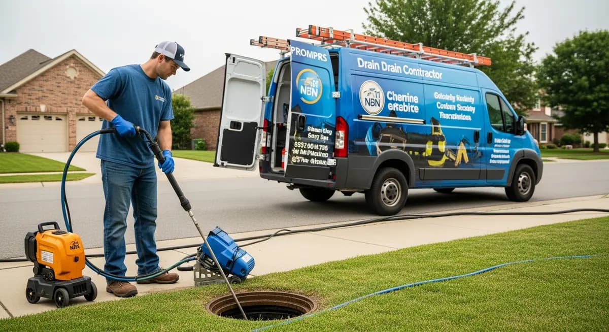 Professional drain cleaning contractor using hydro jetting equipment to clear a residential sewer line with camera inspection system and service van in background