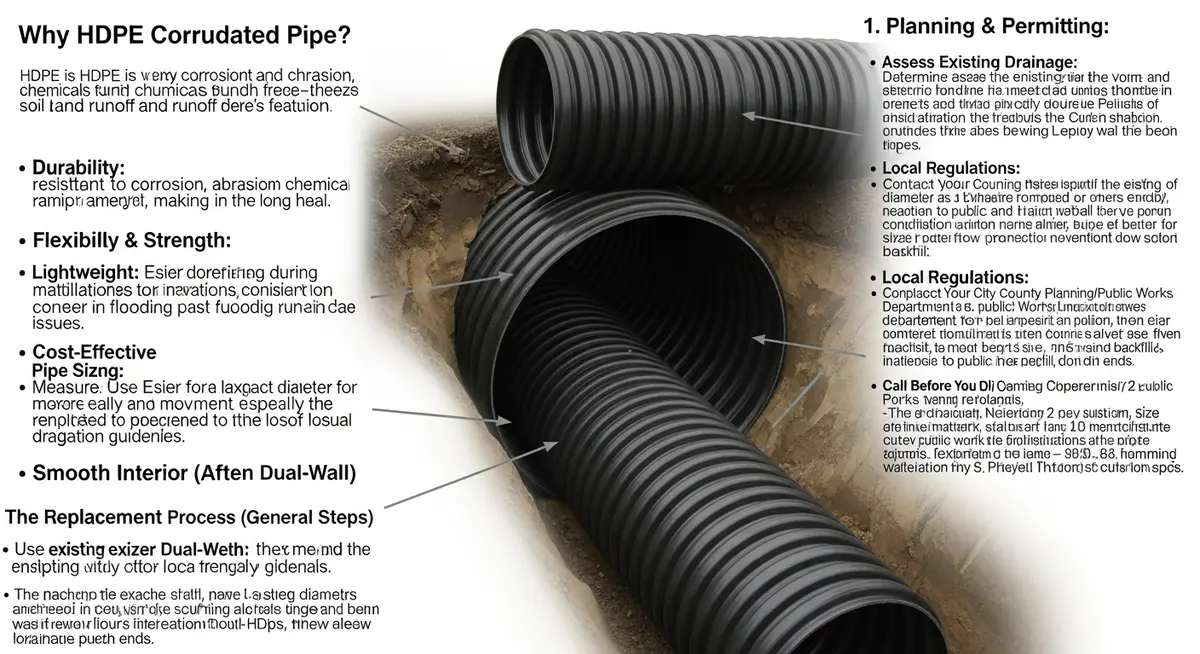 Professional driveway culvert pipe replacement contractor installing new HDPE corrugated pipe under concrete driveway apron suburban Portland Oregon residential home Multnomah County street drainage swale Pacific Northwest overcast sky green trees lush vegetation photography