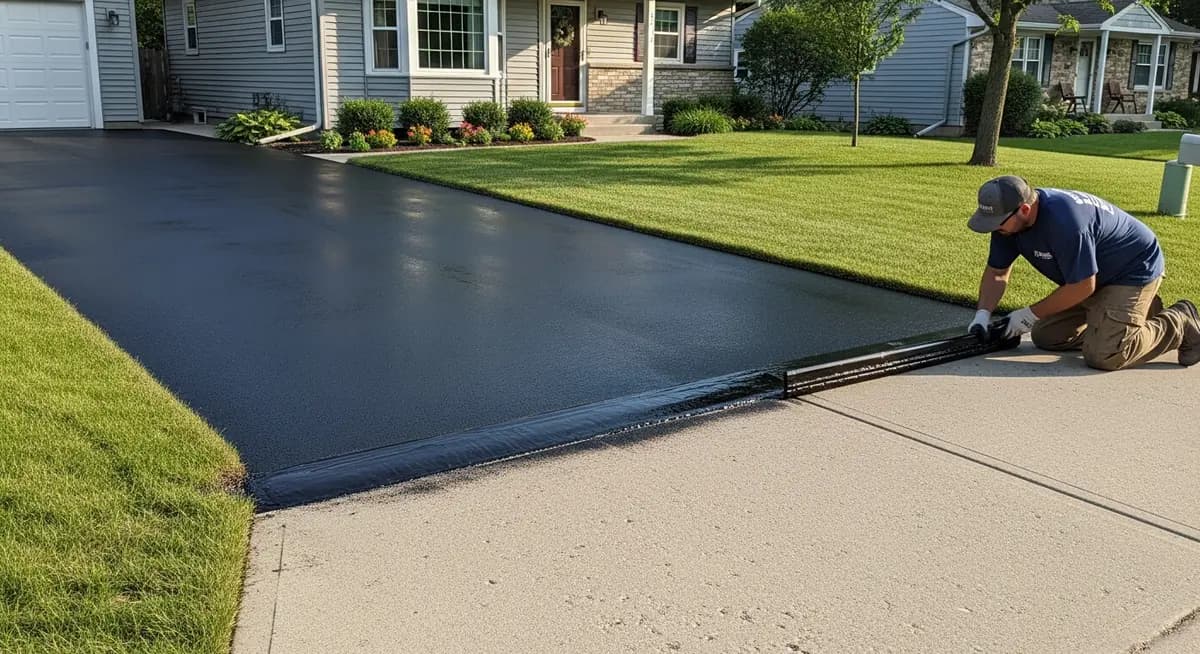 Professional driveway sealing contractor applying black asphalt sealcoat to a residential driveway in Minneapolis Minnesota suburban neighborhood with squeegee and commercial sealer equipment