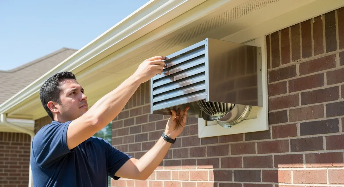 Professional HVAC technician installing a stainless steel louvered bird guard cap over a dryer vent exterior wall opening on a Houston Texas suburban brick home in Harris County showing new pest guard installation on residential exterior wall exterior photograph