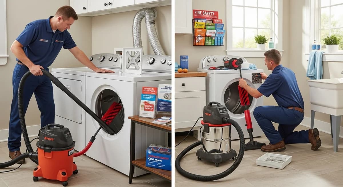Professional dryer vent cleaning technician using rotary brush and vacuum system to clean residential dryer vent duct with fire safety education materials and CSIA certification